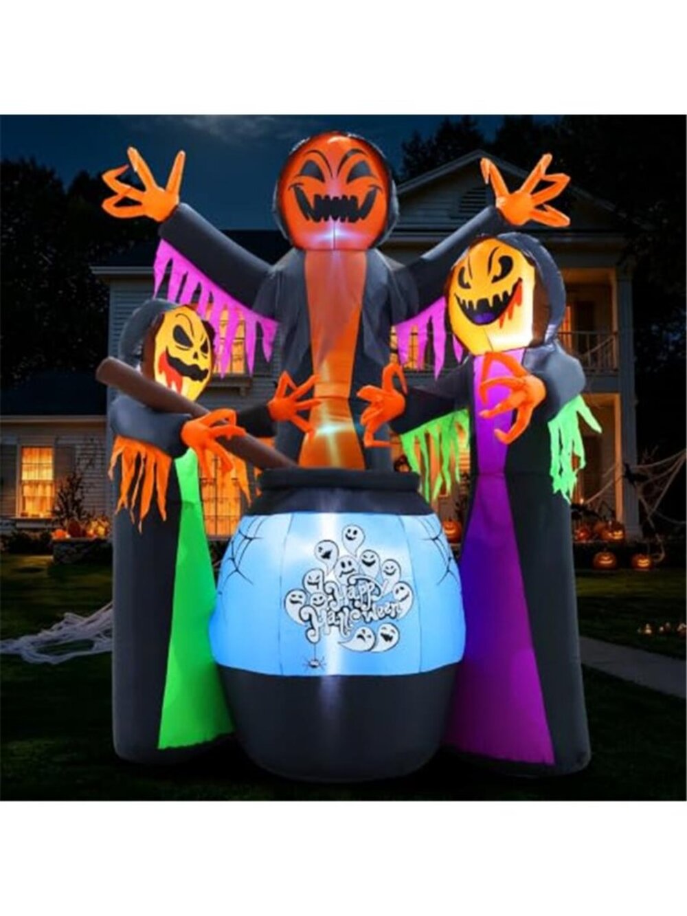 8FT Halloween Inflatables Three Witch Around Cauldron with Light Yard Decor